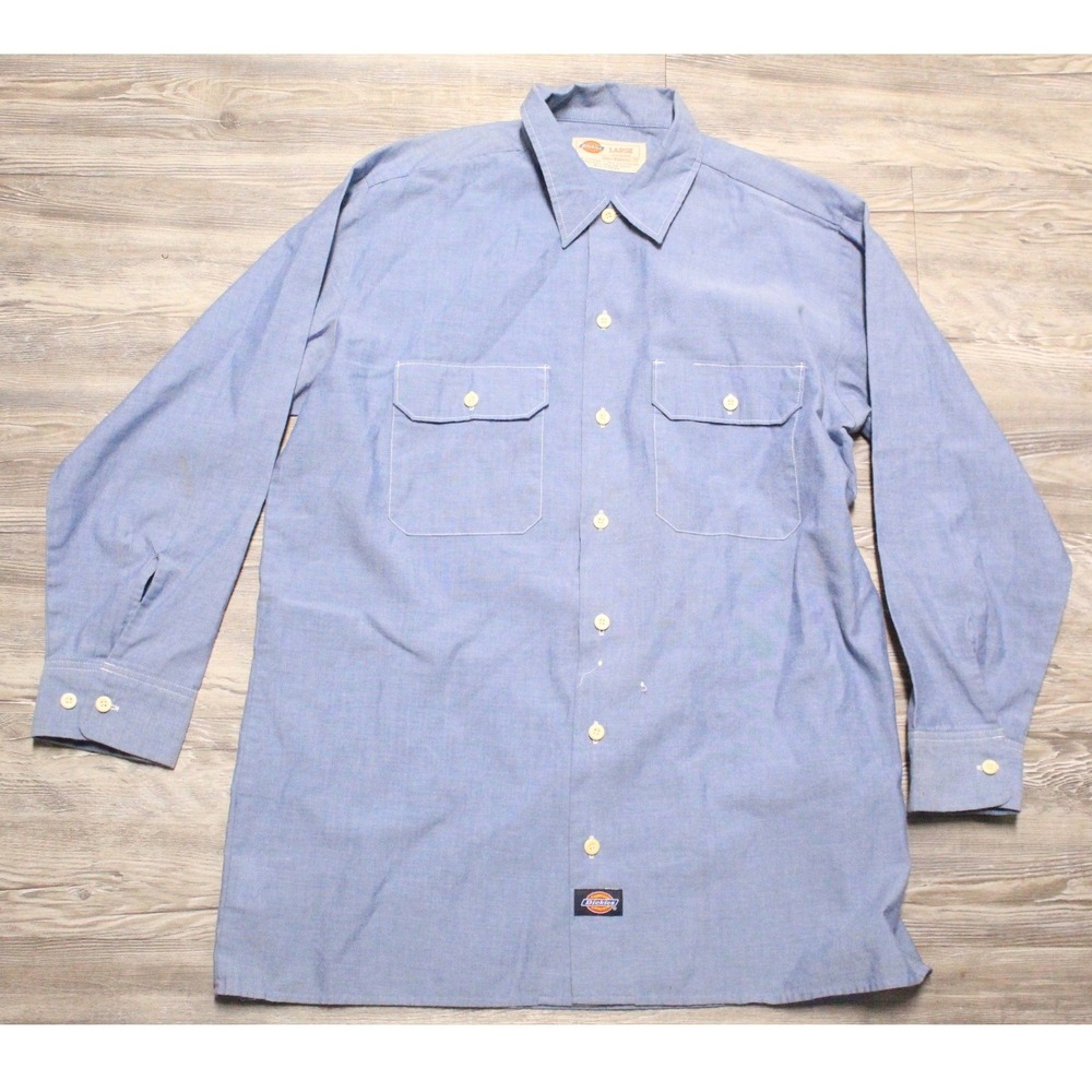 Dickies Mens Large Blue Long Sleeve Button Up Work Shirt Utility Pocket Logo